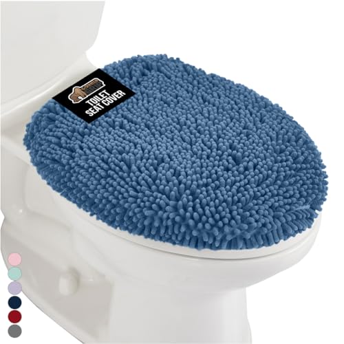 GORILLA GRIP Soft Chenille Bathroom Toilet Lid Cover, Machine Washable Seat Covers, 19.5x18.5, Stays in Place Rubber Backing, Fits Most Round, Elongated and Oblong Lids, Accessories Decor, Blue - color: Blue, style: Chenille