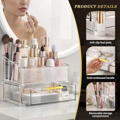 INVSSENE Stackable Makeup Organizer Countertop, Storage Perfume Skincare Cosmetic Lipstick Face Mask Makeup Brush Palettes, Ideal for Vanity Bathroom Counter - color: 3514 Clear