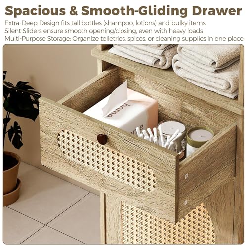 Quikraen Tall Bathroom Storage Cabinet with Rattan, Adjustable Shelves Bathroom Cabinet Storage Narrow Toilet Paper Storage Cabinet for Small Spaces,Living Room Dining Room Laundry,67.4in