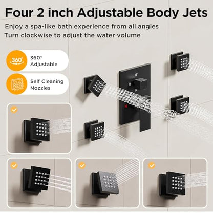 Shower Systems with 4 Body Spray Jets, STARBATH 4 Way 12+6" Rainfall Shower Head with Handheld Combo, Wall Mounted Shower Jets System Shower Faucet Sets Complete, Matte Black - color: Matte Black, size: 6"+12"-02