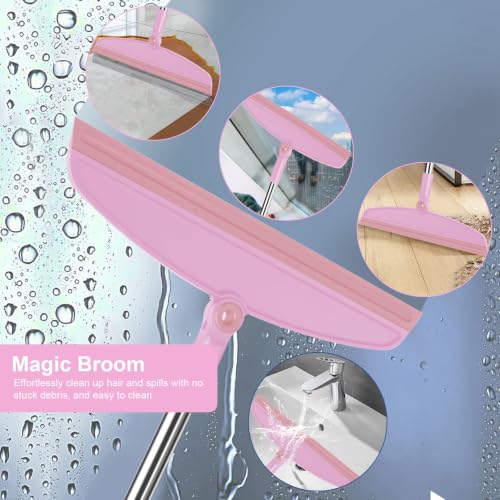Broom and Dustpan Combo Set, 52" Long Handle with Squeegee & Mini Set | Pink Complete Cleaning Kit, Built-in Comb Dustpan, Floor Squeegee for Wet & Dry Messes, Mini Broom Set，for Home & Pet Areas - color: Pink