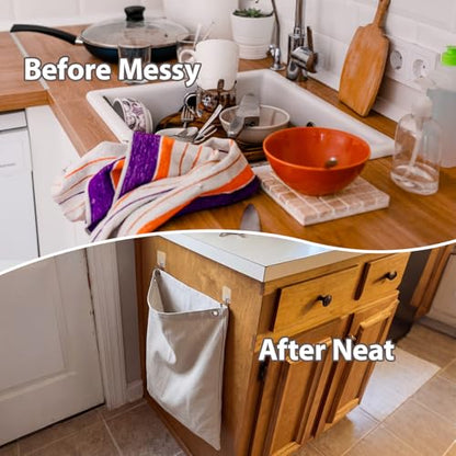 Tingjoo 2 Pack Reusable Dirty Rag Storage Bag Grey Cotton Dish Towel Cloth Bag with Hooks Hanging Kitchen Dish Rag Holder for Cabinet Door Organizer and Kitchen Laundry Room Bathroom Storage