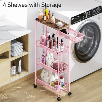KINGRACK 4-Tier Slim Storage Cart, Metal Rolling Cart, Organizer with Wooden Tabletop and Drawer Basket, Mobile Shelving Unit for Kitchen, Bathroom, Laundry Room, Pink - color: Pink