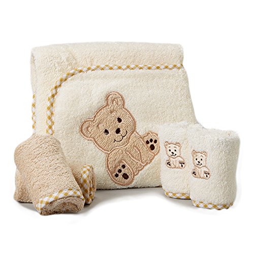 Spasilk 5-Piece Soft Terry Hooded Bath Towel and Washcloth Set, 1 Baby Towel and 4 Baby Washcloths for Newborn Boys and Girls, Brown Bear