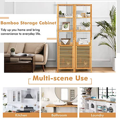 Tall Bamboo Cabinet, Narrow Bathroom Floor Storage Cabinet with 3 Tier Shelves & Shutter Door, Slim Linen Tower Cabinet for Living Room or Kitchen, 15.5 x 14.5 x 65 inches