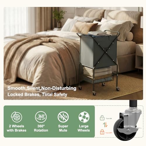 Laundry Basket with Wheels:88L Rolling Laundry Cart Foldable Metal Frame Dirty Clothes Laundry Hamper 36"H 4 Caster 2 Brake Waterproof Removable Liner Carry Handle for Dorm Laundry Room,Gray - color: Gray