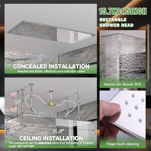 HOMEDEC 15.7x31.5" Rainfall Shower Head System, with 6 Body Jets with Handheld and Dual Side 6" Wall Mount Head, Chrome - color: Chrome, style: 5-Way + 2x 6" Top