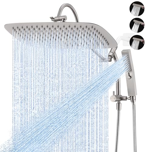 G-Promise Metal 16 Inch Gooseneck Shower Head with Handheld(Brushed Nickel) | All Metal Construction, Pause Mode, 13 Inch Adjustable Gooseneck Arm, Massage Function Hand Shower, Easy Installation - color: Brushed Nickel, size: 16 Inch