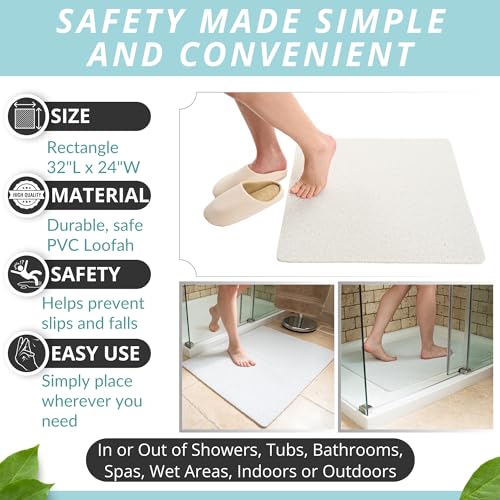 Enkosi Loofah Non-Slip Shower Mat - Shower Floors, Bathtub, Bathrooms, Wet Areas - Cushioned Bath Mat with Drain Holes - Quick Dry PVC, Secure Safety Pad Without Suction Cups (32x24 White) - color: White, size: 32" x 24" (Rectangular)