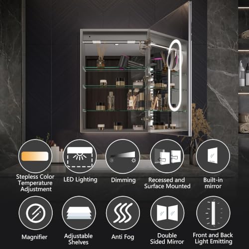 Luxury LED Lighted Medicine Cabinet with Mirror Dimmable, Defogging, 24 inch Commercial Medicine Cabinet, Outlets for Apartments, Hotel, Right Hinge - size: 24"W x 36"H Right