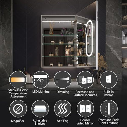 Luxury LED Lighted Medicine Cabinet with Mirror Dimmable, Defogging, 24 inch Commercial Medicine Cabinet, Outlets for Apartments, Hotel, Right Hinge - size: 24"W x 36"H Right