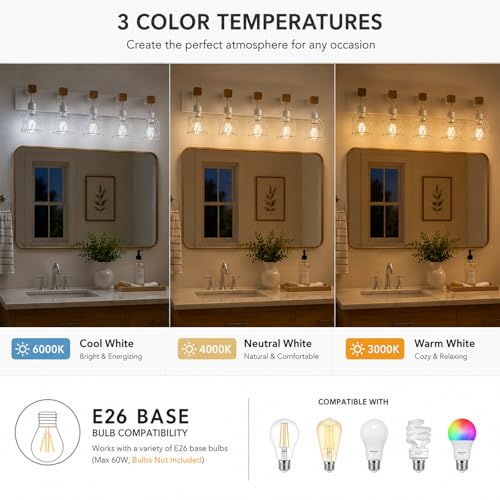 Farmhouse Vanity Light Fixture,5-Light Bathroom Lighting,White Modern Wood Wall Light Over Mirror with Metal Shade,LED Bulbs Not Included - color: White, size: 5-Light-Wide 35"