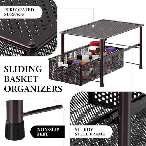 Simple Houseware Stackable Under Sink Sliding Basket Drawer, Brown | Perforated Free Standing Organizer, Kitchen/Pantry/Cabinet/Counter - color: Bronze