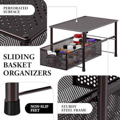 Simple Houseware Stackable Under Sink Sliding Basket Drawer, Brown | Perforated Free Standing Organizer, Kitchen/Pantry/Cabinet/Counter - color: Bronze