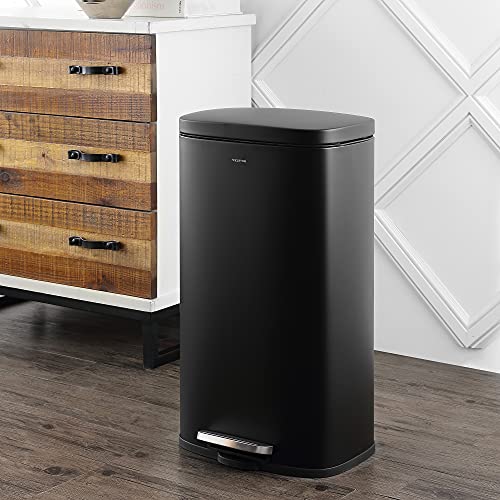 happimess Curtis 8 Gal Step Trash Can Soft Close 25", Charcoal Black | Stainless Steel, Fingerprint Resistant Satin Finish, Removable Liner, Steel Pedal, 20 Trash Bags Included, Kitchen Bin - color: Black