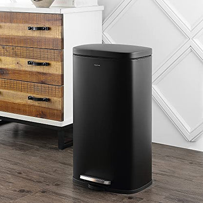 happimess Curtis 8 Gal Step Trash Can Soft Close 25", Charcoal Black | Stainless Steel, Fingerprint Resistant Satin Finish, Removable Liner, Steel Pedal, 20 Trash Bags Included, Kitchen Bin - color: Black