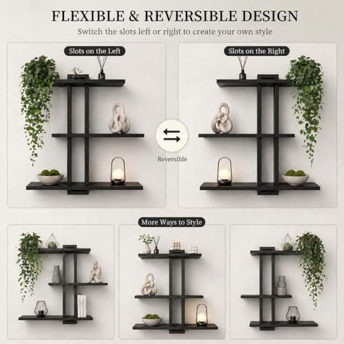 Black Floating Shelves for Bathroom, 3 Tier Pine Wood Wall Mounted Shelf, 20 Inch Large Wall Mounted Shelf for Towels, Toiletries, Plants, Photos, Home Decor