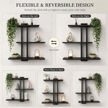 Black Floating Shelves for Bathroom, 3 Tier Pine Wood Wall Mounted Shelf, 20 Inch Large Wall Mounted Shelf for Towels, Toiletries, Plants, Photos, Home Decor