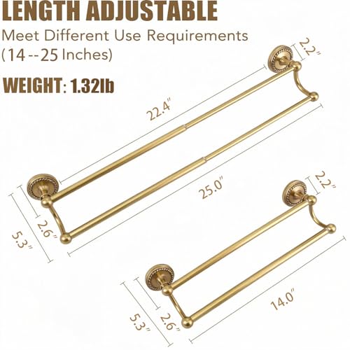 Adjustable Double Towel Bar, Antique Brass Wall Mount Towel Rack | Fits 16.4 to 27.8 Inch Wall Space, Heavy Duty Rustproof Towel Holder for Bathroom & Kitchen - color: Double Towel Bar