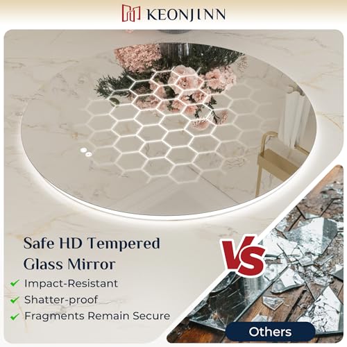 Keonjinn 40 Inch Large Round LED Mirror with Backlit, Safe Tempered Glass | Oversized, 3000K/4500K/6000K, Safe Defogging, Dimmable, Memory Function, Hardwired/Plug in, French Cleat Installation, Salon - size: 40"L x 40"W