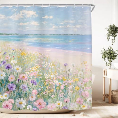 Ocean Beach Shower Curtain Wildflower Coastal Seaside Bathroom Curtain Set | 72Wx72H Blue Sea Floral Flower Girly Nature Path Bathroom Curtains Fabric Waterproof Polyester 12 Hooks - size: 72"W x 72"L (Pack of 1)