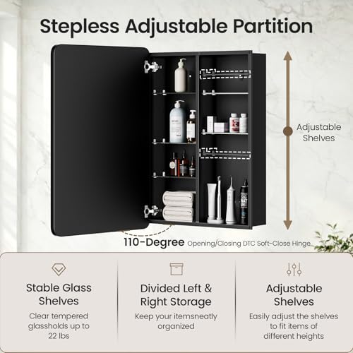 20x30 Black Medicine Cabinet with Mirror, Recessed & Surface Mount | Bathroom mirror with storage: 6 independently adjustable shelves fit tall bottles; soft-close hinges; rustproof aluminum - size: 20" x 30"