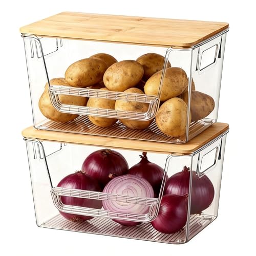 FUSHITON 2 Set Pantry Organizers, Clear Trash Bag Holder with Bamboo Lids | Stackable Trash Bag Dispenser for Potato, Onion, Garlic, Storage Bins for Kitchen Under Sink, Laundry Room