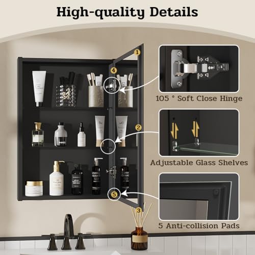 Spliceable Modular Bathroom Medicine Cabinet with Soft Close Doors with Glass on Both Sides, Reversible Wall Mounted Mirror (28" L x 20" W) - color: 20"×28" Reversible Cabinet