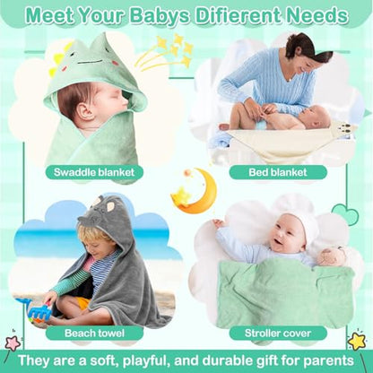 Sublaga 12 Pcs Baby Towels and Washcloths Set, 3 Pcs Baby Bath Towels & 8 Pcs Washcloths Set, Cute Baby Towels, Ultra Absorbent Soft Newborn Bath Essentials Gifts for Boys & Girls - color: Green Dinosaur, White Bear, Gray Bear