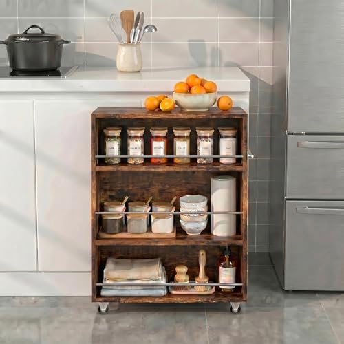 4-Tier Slim Rolling Cart with Wheels, 7.9"W Narrow Storage, Rustic Brown | 4 adjustable MDF shelves (20 lbs each), 360° casters + side handle, Fits kitchen, laundry, bathroom & dorm tight gaps - color: Brown