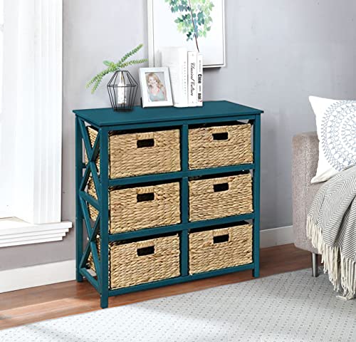 3 Tier X-Side End Storage Cabinet, Teal | 6 Wicker Baskets - color: Teal, size: 15.5"D x 29.3"W x 30"H (6 Drawers)