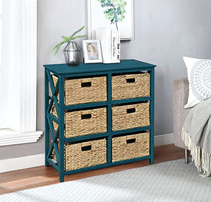 3 Tier X-Side End Storage Cabinet, Teal | 6 Wicker Baskets - color: Teal, size: 15.5"D x 29.3"W x 30"H (6 Drawers)