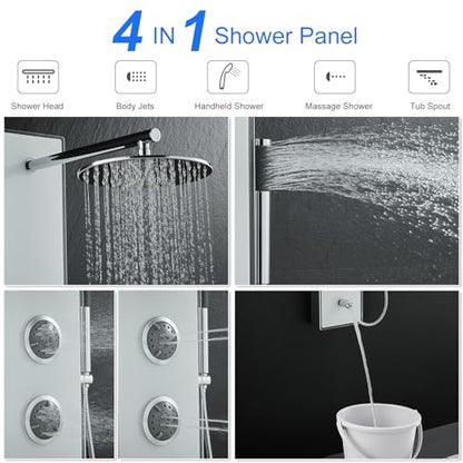 4-in-1 Glass Shower Panel Tower System Stainless Steel White | 51 inch shower panel l 9" rain shower head | 3 massage jets | Handheld shower | Tub spout | Glass + steel design | Wall mount - style: Round Shower