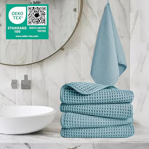 POLYTE 430 GSM Poly Blend Microfiber Quick Dry Waffle Hand Towel, 16x30 in | 4 Pack, Oversize, Lint Free, Quick Dry, Hanging Loop - color: Green