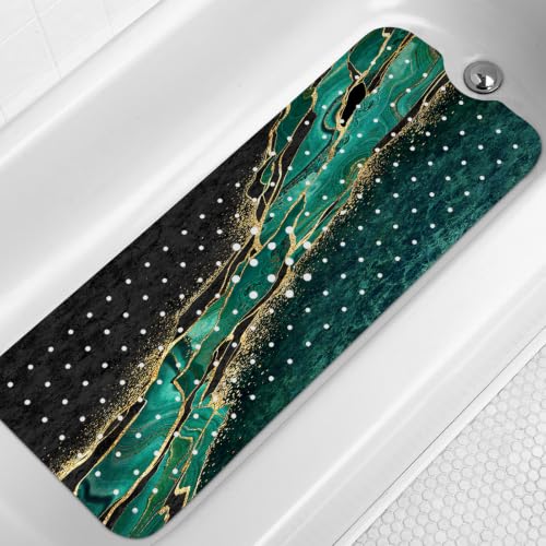 LNOND Marble Bath Tub Mat Non Slip, Extra Long 40 X 16 Inch Anti Slip Mat for Bathtub, Green Gold Marble Shower Mat with Drain Holes and Suction Cups, Machine Washable - color: Black White Gold