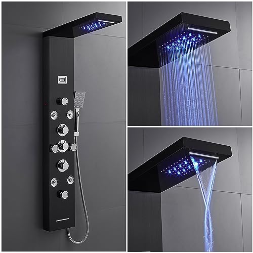 POPFLY 6 In 1 LED Shower Panel Tower System, 8 Body Massage Jets, 304 Stainless Steel Wall Mount Rainfall ＆ Waterfall Shower Column Towers with Temperature Display, Tub Spout, Black - color: 8 Jets-Black