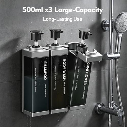3 Chamber Wall Mount Shampoo and Conditioner Dispenser | 17oz Per Chamber Key Lock Large Pump Refillable ABS Bottle Set For Bathroom Hotel Gym RV Daily Use Silver - color: Silver, size: 3