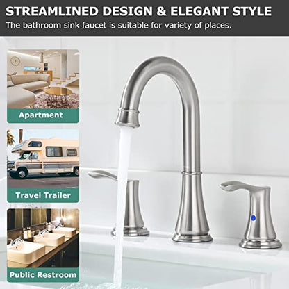 Brushed Nickel Widespread Bathroom Sink Faucet 8 Inch for Vanity | with All Metal Pop Up Drain, High Arc 2 Handle Lead-Free Deck Mount Bathroom Faucet for 3 Hole Lavatory Utility Sink - color: Brushed Nickel