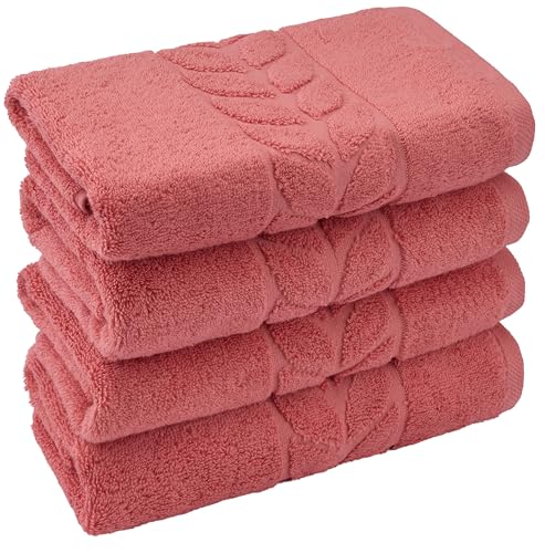 BAGNO MILANO Organic Turkish Cotton Bath Towels, Hand Towels - Premium Jacquard Collection, Certified Organic Cotton Towel Set (Coral Red, Hand Towel Set of 4) - color: Coral Red, size: Hand Towel Set of 4