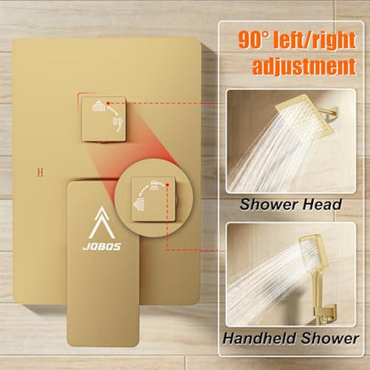 Shower System Modern Rain 8 inches Brass Faucet Set With Valve and Diverter Shower Mixer With Handheld High Pressure Square Rainfall Shower Valve (8'' Wall Mount, Brushed Gold) - color: Brushed Gold, style: 8'' Wall Mount