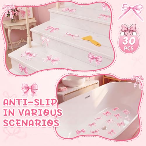 Fullhawl 30 Pcs Pink Bow Non Slip Shower Stickers, Bathtub Safety | Pink Bow Design, Slip Resistant Texture, Easy Application, Creates a Cute and Safe Bathroom Space - style: Pink Bow