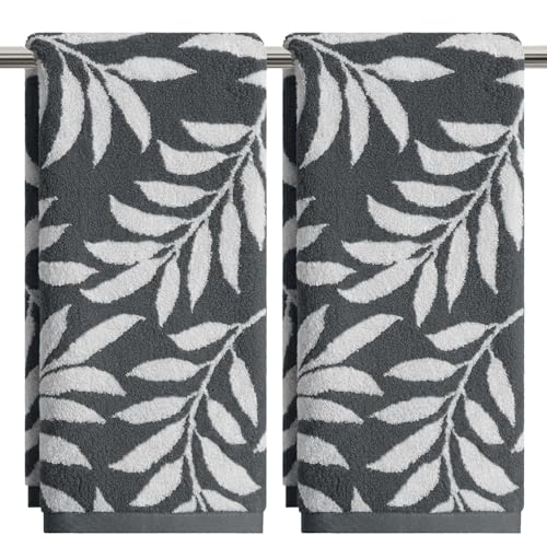 Artoid Mode 2 Pcs Beige Grey Leaves Jacquard Hand Towels for Bathroom, 100% Cotton Soft Absorbent Bathroom Decor Towels, 13.7 x 29.5 Inch - color: Beige/Grey, size: 13.7" x 29.5", 2PCS