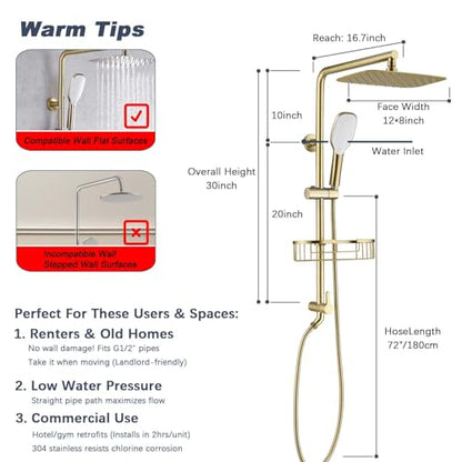 SonTiy Rain Shower Head System with Handheld Spray, 360° Adjustable Shower Arm Exposed Showerhead Kit with Caddy for Whole Family, Brushed Gold - color: Brushed Gold, style: 2.5 Gallons Per Minute-Square
