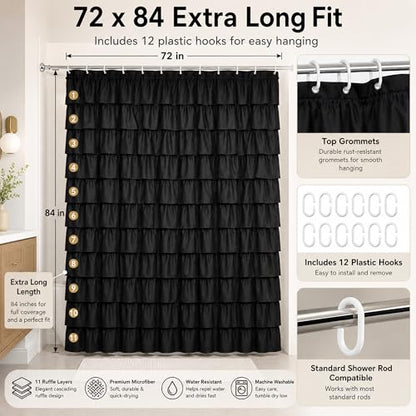 Black Gothic Shower Curtain for Bathroom, Extra-Long 72 x 84 inch, Ruffle | Cascading Layered Ruffles, 72x84, 8ft, 12 Plastic Hooks Included, Machine Washable, Soft Brushed Microfiber Fabric - color: Black, size: 72"W x 84"L (Pack of 1)