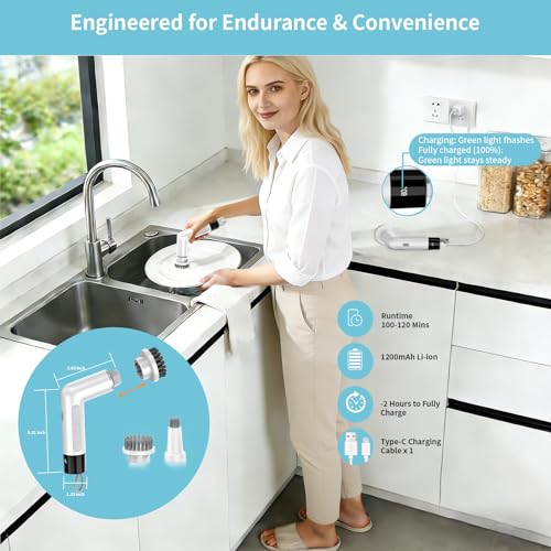 Electric Dish Scrubber (ECB-S3) Cordless Kitchen Cleaning Brush | 4 Replaceable Heads, 20W High-Torque Dual Speed, IPX7 Waterproof LED Display 90-120 Mins Runtime - size: S3 Mini