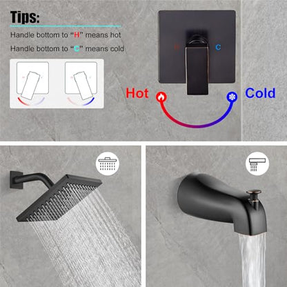 Heyalan 8 Inch Shower Set with Tub Spout and Valve, Oil Rubbed Bronze | 8-inch square rainfall head, tub spout with diverter, male-thread rough-in valve, single-handle control and wall-mount design - color: Oil Rubbed Bronze, size: 8 Inch Square Shower He