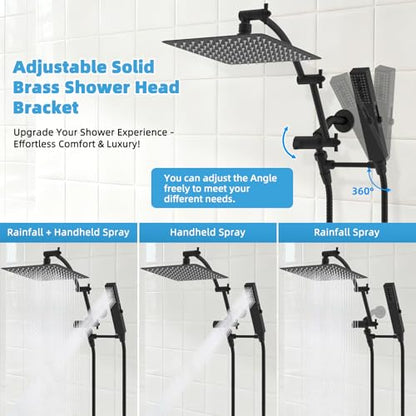 Hibbent All Metal CUPC Certified 10'' Rainfall Shower Head, Dual Shower Head Combo, High Pressure Handheld 4 Sprays Shower Wand, 16'' Adjustable Extension Arm, 71'' Hose, Shower Holder, Matte Black - color: Matte Black, style: Square 10''