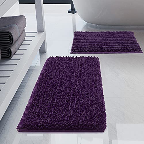 Luxury Chenille Plum Bathroom Rugs Sets 2 Piece, Thickened Hot Melt Rubber Bottom Bath Mats for Bathroom Non Slip,Bath Rugs Quick Dry Machine Washable for Shower Mat (32"x20"+17"x24") - color: Plum, size: 32" x 20" Plus 17" x 24"