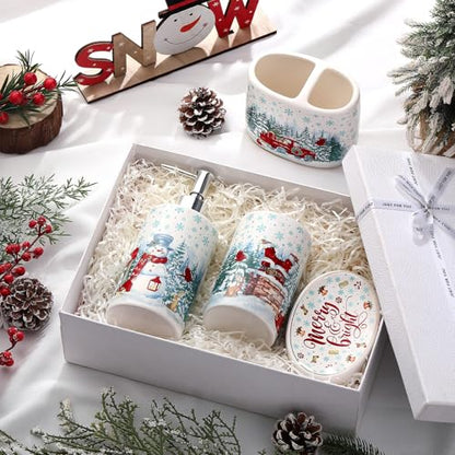 4 Pcs Christmas Ceramic Bathroom Accessories Gifts Xmas Bath Tumbler Xmas Tree Soap Dispenser Toothbrush Holder Soap Tray Merry Christmas Bathroom Decorations(Snowman) - style: Snowman