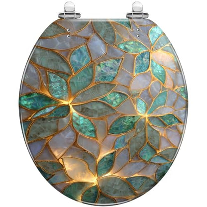 Round Resin Toilet Seat, Quietly Close Quick Release Hinges Cover | Toilet Lid Cover Easy to Clean and Install, Fine Mosaic Iridescent Leaves Shimmering Elegant Heavy Duty Toilet Seat - color: pattern10, size: O-shape